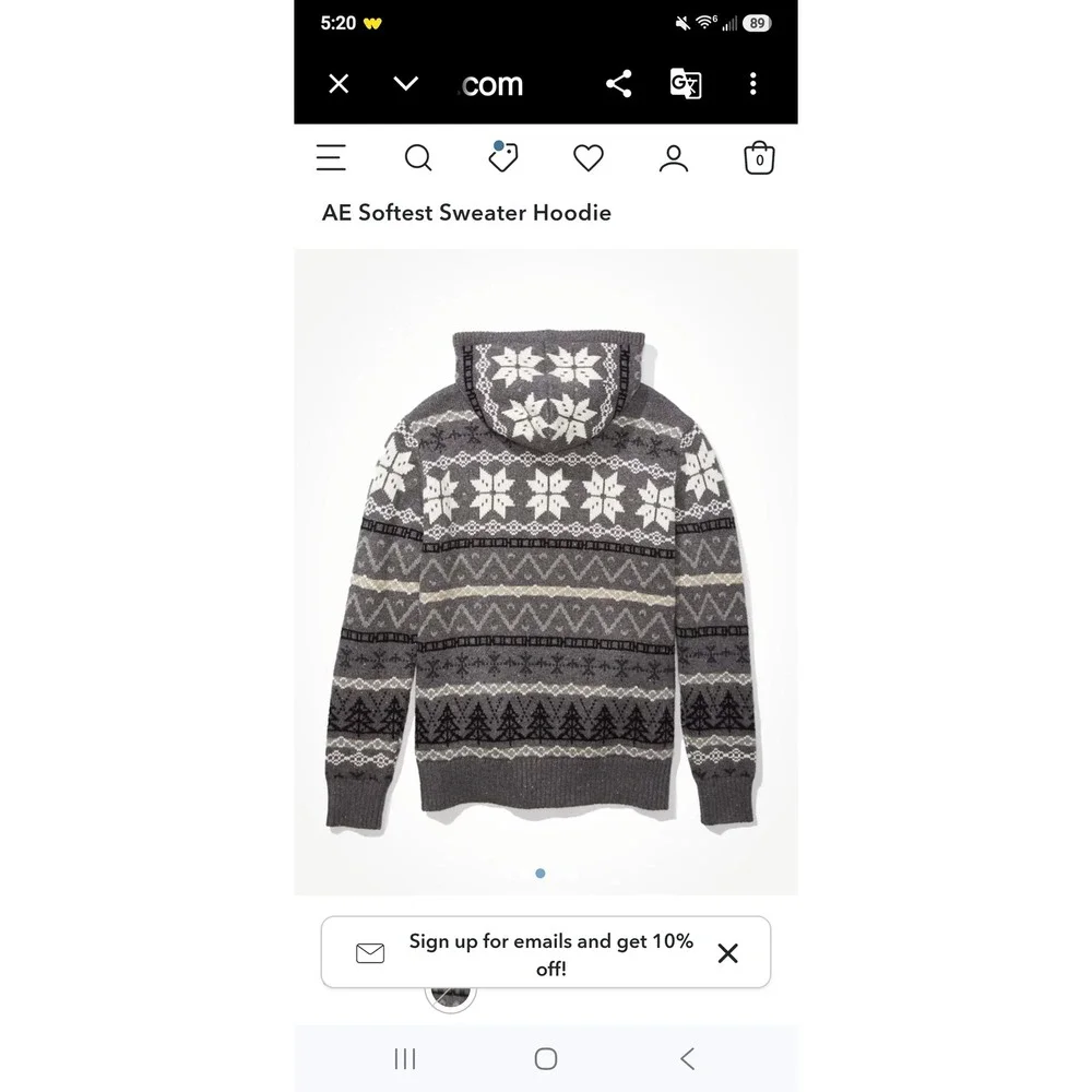 American Eagle Softest Sweater Hoodie Mens XS Gray Nordic Snowflake Fair Isle VG